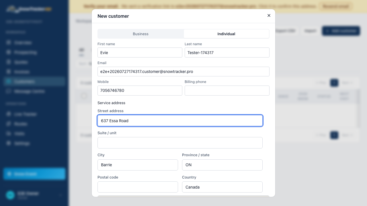 The customer form with contact details filled and a service address picked