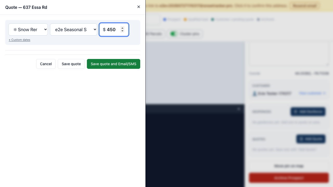The quote builder with a service staged and priced