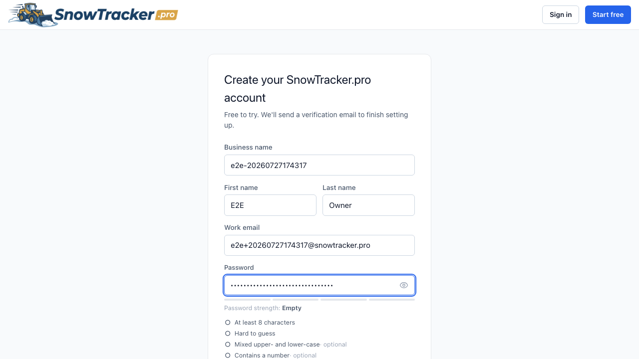 The SnowTracker sign-up form filled in