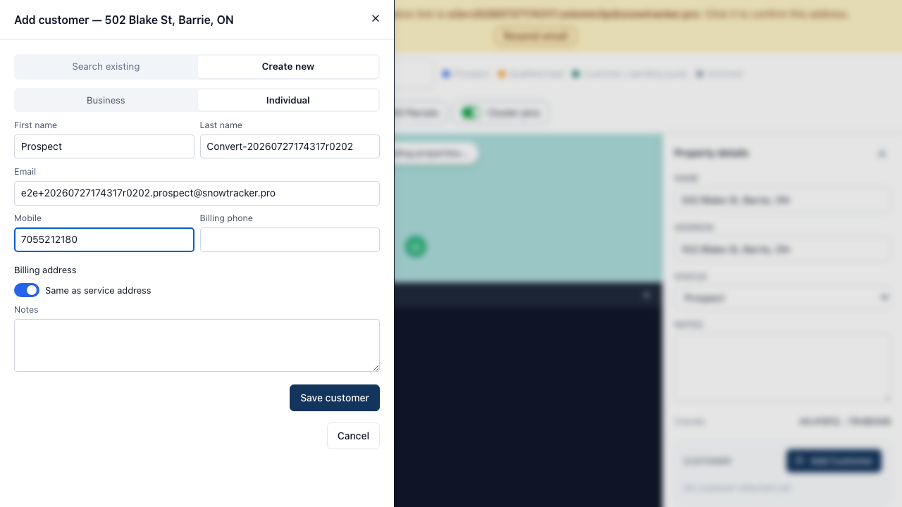 The Add Customer form filled in from the property panel