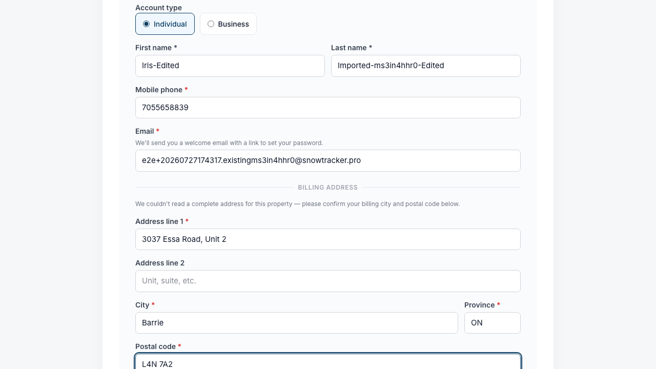 The your-info step with name and billing details edited
