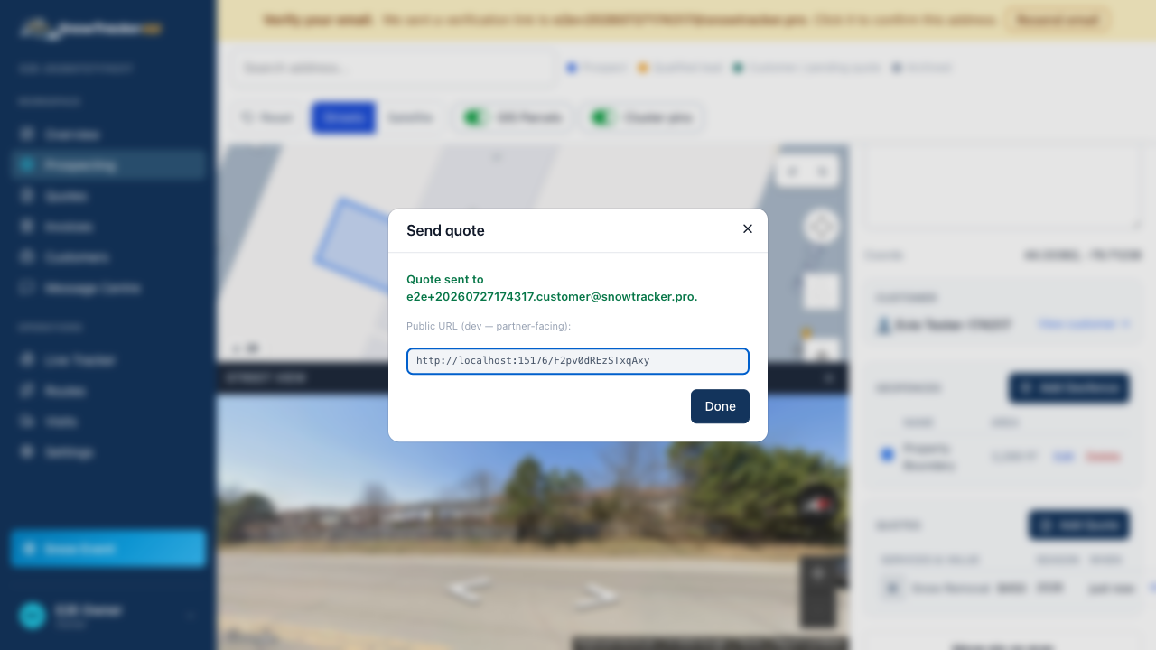 The send window with the quote link ready to send by email or SMS