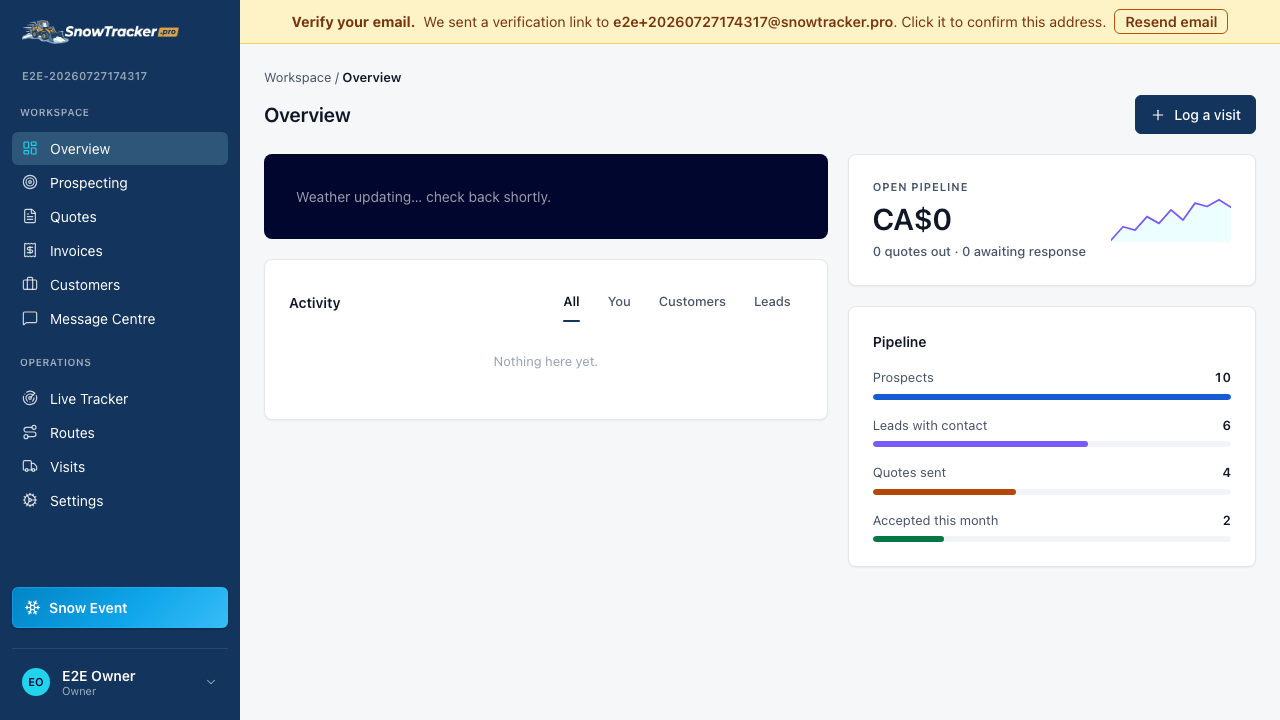 First landing in the SnowTracker dashboard after signing up