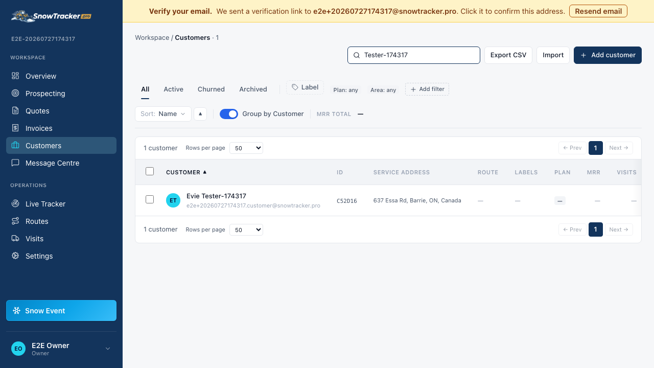 The new customer row found via search in the customers list